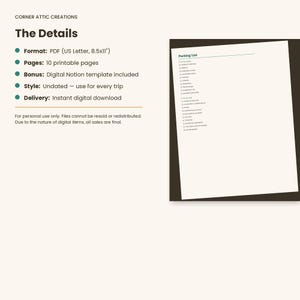 Pode incluir: Um modelo digital de lista de bagagem em formato PDF, 21,6x27,9 cm, com 10 p&aacute;ginas imprim&iacute;veis e um modelo Notion. O documento inclui uma lista de verifica&ccedil;&atilde;o intitulada Packing List com se&ccedil;&otilde;es para adultos e crian&ccedil;as, em layout organizado.