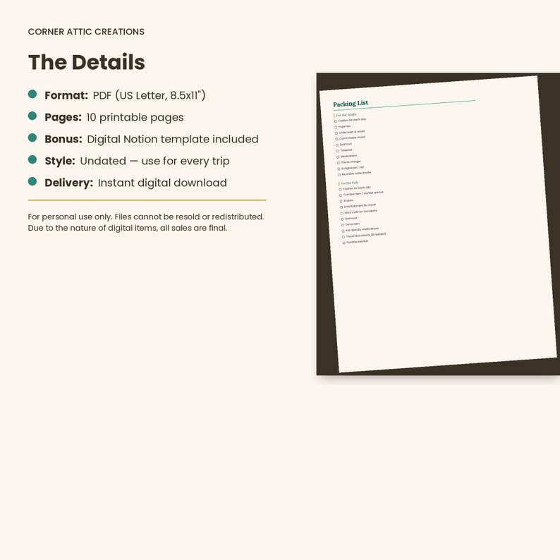 Pode incluir: Um modelo digital de lista de bagagem em formato PDF, 21,6x27,9 cm, com 10 p&aacute;ginas imprim&iacute;veis e um modelo Notion. O documento inclui uma lista de verifica&ccedil;&atilde;o intitulada Packing List com se&ccedil;&otilde;es para adultos e crian&ccedil;as, em layout organizado.