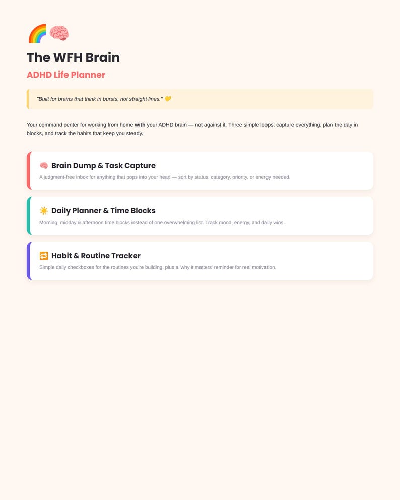May include: A digital planner titled The WFH Brain ADHD Life Planner. It features sections for Brain Dump & Task Capture, Daily Planner & Time Blocks, and Habit & Routine Tracker, with a rainbow icon, brain icon, and descriptive text.