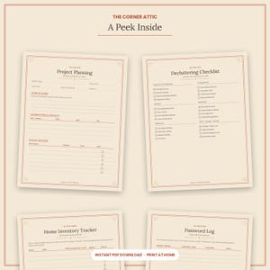 Classeur de gestion de la maison Corner Attic, planificateur d'organisation imprimable, liste de contrôle de désencombrement, inventaire et registre des mots de passe (PDF)
