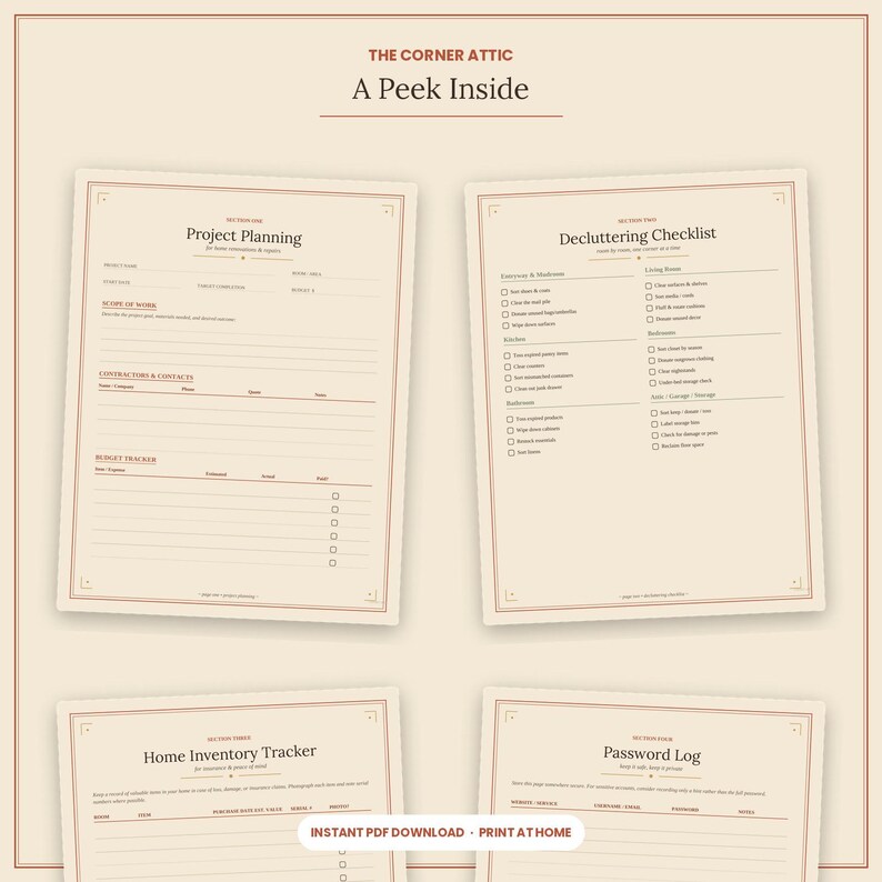 Puede incluir: Un conjunto de planificadores digitales titulado The Corner Attic A Peek Inside, que incluye cuatro p&aacute;ginas imprimibles: Project Planning, Decluttering Checklist, Home Inventory Tracker y Password Log. Fondo crema con texto oscuro.