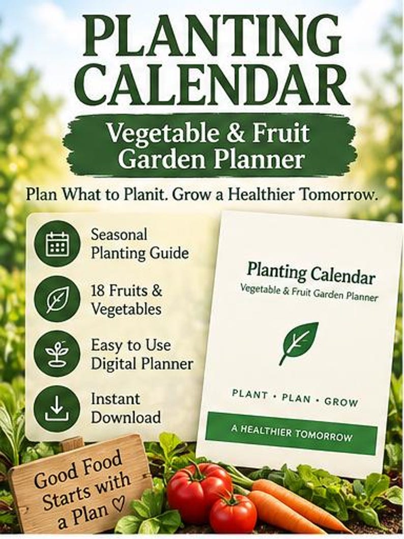 May include: A digital planting calendar and vegetable and fruit garden planner with text reading Planting Calendar, Vegetable & Fruit Garden Planner, Plan What to Planit. Grow a Healthier Tomorrow, Seasonal Planting Guide, 18 Fruits & Vegetables, Easy to Use Digital Planner, Instant Download, and Good Food Starts with a Plan.