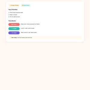 May include: A digital daily planner template titled Daily Planner & Time Blocks for Tuesday July 14. It features sections for energy, mood, top three priorities, and color-coded time blocks for tasks, ending with a win today summary section.