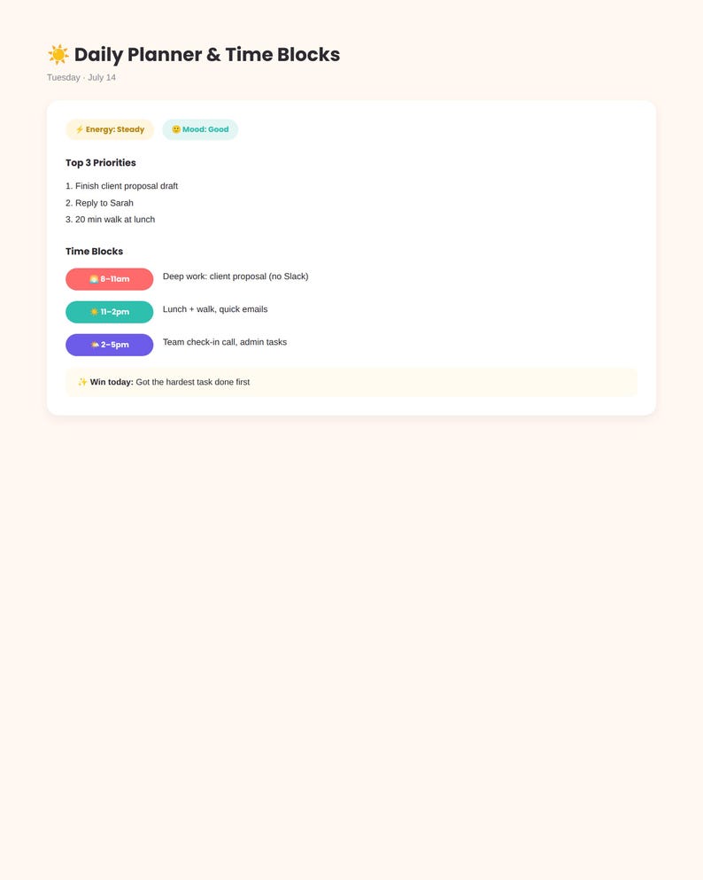 May include: A digital daily planner template titled Daily Planner & Time Blocks for Tuesday July 14. It features sections for energy, mood, top three priorities, and color-coded time blocks for tasks, ending with a win today summary section.