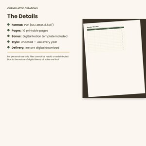 Peut inclure: Un mod&egrave;le de suivi de factures num&eacute;rique pr&eacute;sentant une mise en page &eacute;pur&eacute;e avec une ligne d'en-t&ecirc;te vert fonc&eacute; et plusieurs lignes vides pour la saisie de donn&eacute;es. Le document est au format PDF 21,59x27,94 cm, incluant une version Notion.