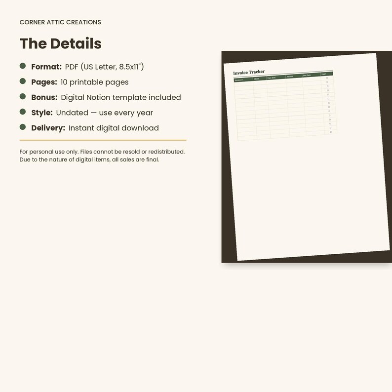 Peut inclure: Un mod&egrave;le de suivi de factures num&eacute;rique pr&eacute;sentant une mise en page &eacute;pur&eacute;e avec une ligne d'en-t&ecirc;te vert fonc&eacute; et plusieurs lignes vides pour la saisie de donn&eacute;es. Le document est au format PDF 21,59x27,94 cm, incluant une version Notion.