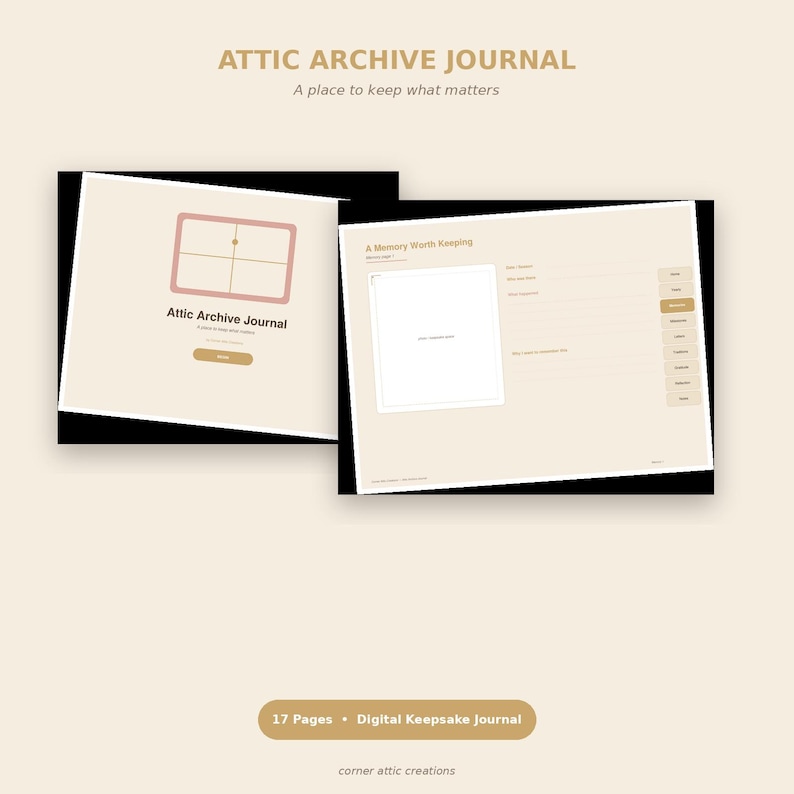 Może przedstawiać: Cyfrowy dziennik pamiątek zatytułowany Attic Archive Journal, składający się z 17 stron. Interfejs posiada kremowe tło, r&oacute;żową prostokątną ikonę oraz układ z miejscem na zdjęcie, liniami na tekst i bocznym menu nawigacyjnym.