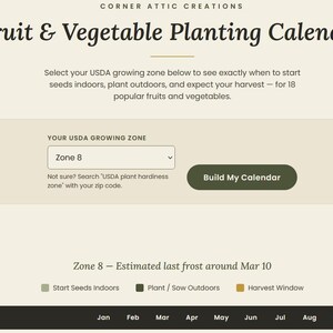 May include: A digital Fruit & Vegetable Planting Calendar interface by Corner Attic Creations. It features a USDA growing zone selector, a Build My Calendar button, a Print This Calendar option, and a legend for planting and harvest dates.