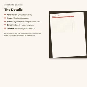K&ouml;nnte beinhalten: Ein digitales Produktangebot f&uuml;r einen Familien-Aufgabenplaner mit 10 druckbaren PDF-Seiten im Format 8,5x11 Zoll. Der Text enth&auml;lt Angaben zu Format, Seitenzahl, einer Notion-Vorlage als Bonus, undatiertem Stil und sofortigem digitalen Download.