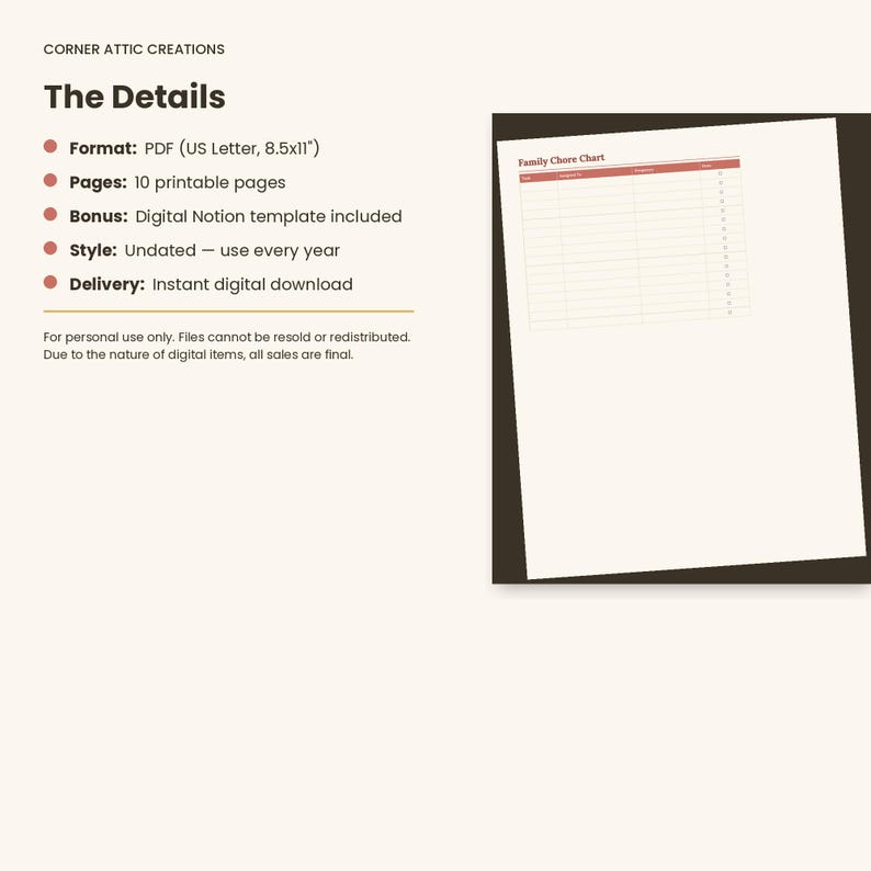 K&ouml;nnte beinhalten: Ein digitales Produktangebot f&uuml;r einen Familien-Aufgabenplaner mit 10 druckbaren PDF-Seiten im Format 8,5x11 Zoll. Der Text enth&auml;lt Angaben zu Format, Seitenzahl, einer Notion-Vorlage als Bonus, undatiertem Stil und sofortigem digitalen Download.
