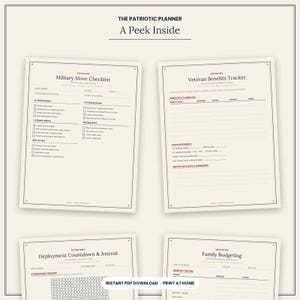 Op de afbeelding: Een digitaal planner-ontwerp getiteld The Patriotic Planner met vier pagina's: Military Move Checklist, Veteran Benefits Tracker, Deployment Countdown & Journal en Family Budgeting, elk voorzien van selectievakjes en lijnen.