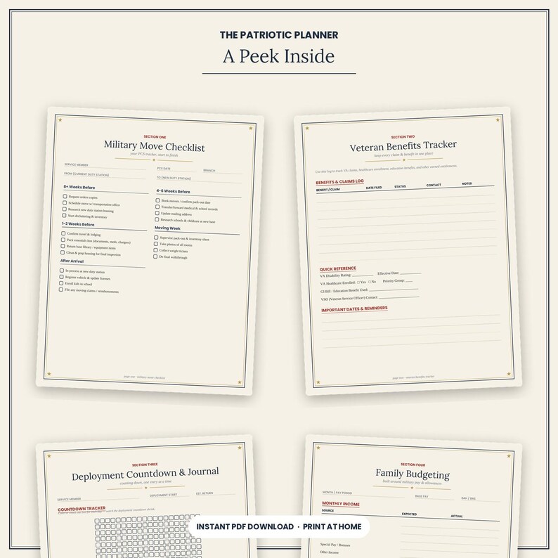 Op de afbeelding: Een digitaal planner-ontwerp getiteld The Patriotic Planner met vier pagina's: Military Move Checklist, Veteran Benefits Tracker, Deployment Countdown & Journal en Family Budgeting, elk voorzien van selectievakjes en lijnen.