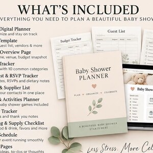 May include: A digital baby shower planner set featuring an 11-page planner, Notion template, budget tracker, guest list, and games. The cover displays the text Baby Shower Planner, Plan, Organize, Celebrate, and A Beautiful Baby Shower Starts Here.