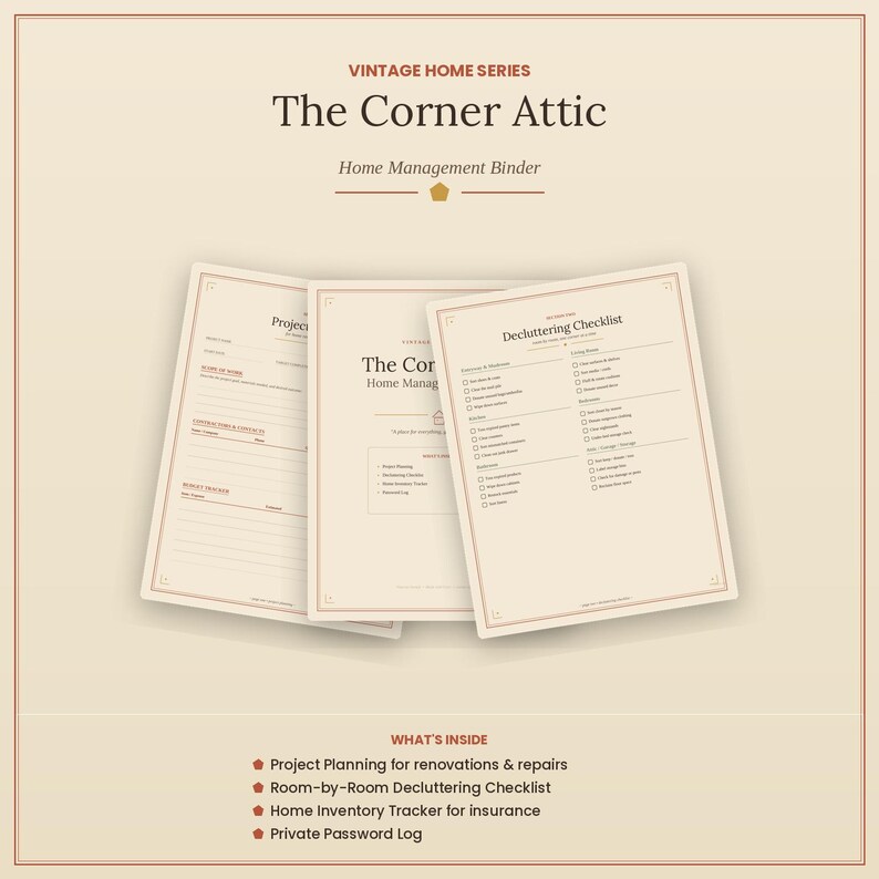 Puede incluir: Una carpeta de gesti&oacute;n del hogar titulada The Corner Attic de la serie Vintage Home. El conjunto incluye tres p&aacute;ginas con un planificador de proyectos, una portada de gesti&oacute;n del hogar y una lista de verificaci&oacute;n para ordenar.