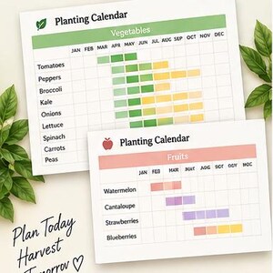 May include: Two printed planting calendar pages featuring a vegetable chart with green and yellow gradients and a fruit chart with pink, purple, and yellow gradients. Text includes SAMPLE PAGES, Planting Calendar, and Plan Today Harvest Tomorrow.