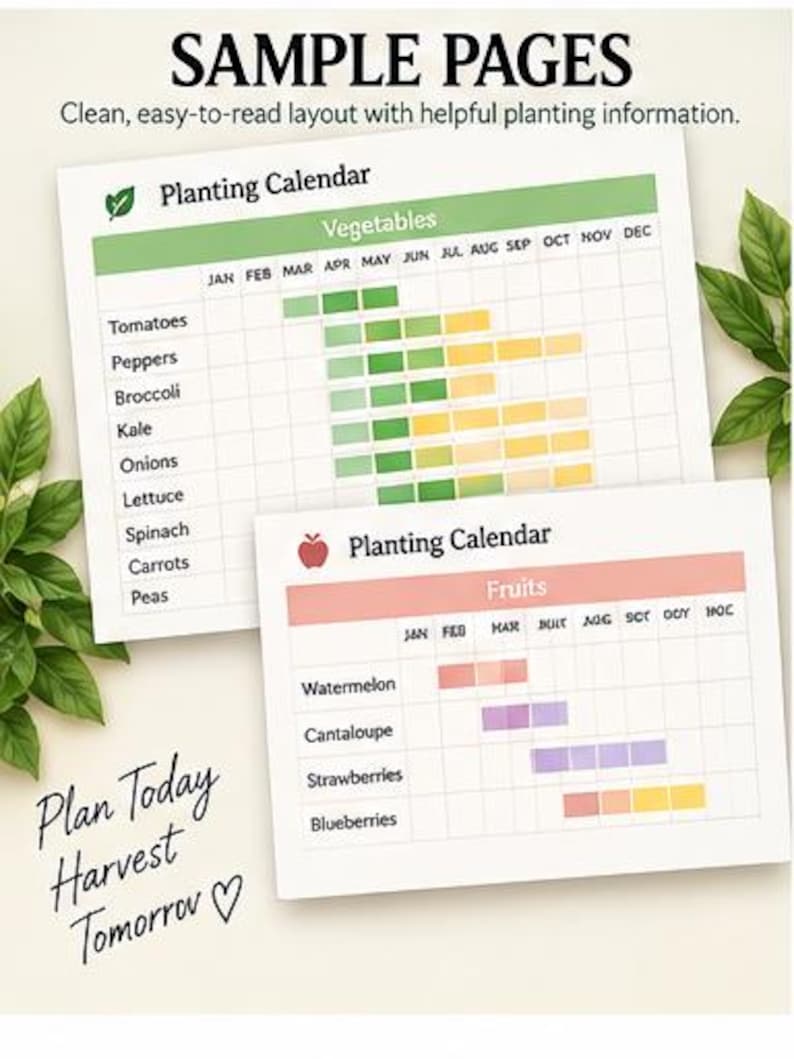 May include: Two printed planting calendar pages featuring a vegetable chart with green and yellow gradients and a fruit chart with pink, purple, and yellow gradients. Text includes SAMPLE PAGES, Planting Calendar, and Plan Today Harvest Tomorrow.