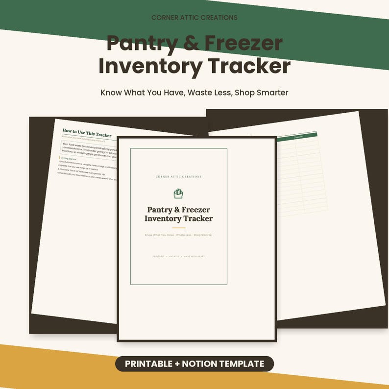 Puede incluir: Una plantilla imprimible y de Notion para el seguimiento de inventario de despensa y congelador. El documento presenta una portada con el texto Corner Attic Creations, un icono de despensa y el t&iacute;tulo. Incluye una p&aacute;gina de instrucciones.