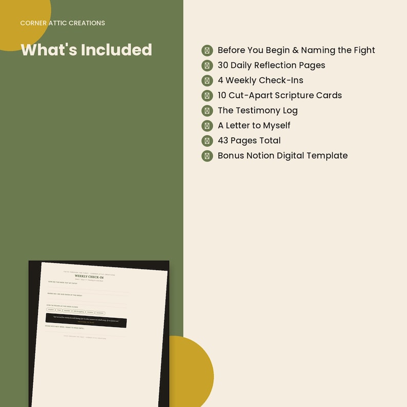 May include: A digital product information graphic with a green and cream background. Text lists contents: Before You Begin & Naming the Fight, 30 Daily Reflection Pages, 4 Weekly Check-Ins, 10 Cut-Apart Scripture Cards, The Testimony Log, A Letter to Myself, 43 Pages Total, and Bonus Notion Digital Template. A preview of a Weekly Check-In page is shown.