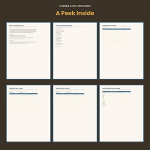 K&ouml;nnte beinhalten: Ein digitales Planer-Set mit dem Titel Corner Attic Creations A Peek Inside, bestehend aus sechs Seiten zur Finanzverfolgung. Die Seiten enthalten What Are Sinking Funds, Common Sinking Fund Ideas, Sinking Funds Overview, Individual Fund Tracker und Annual Sinking Funds Calendar mit Tabellen und Text.