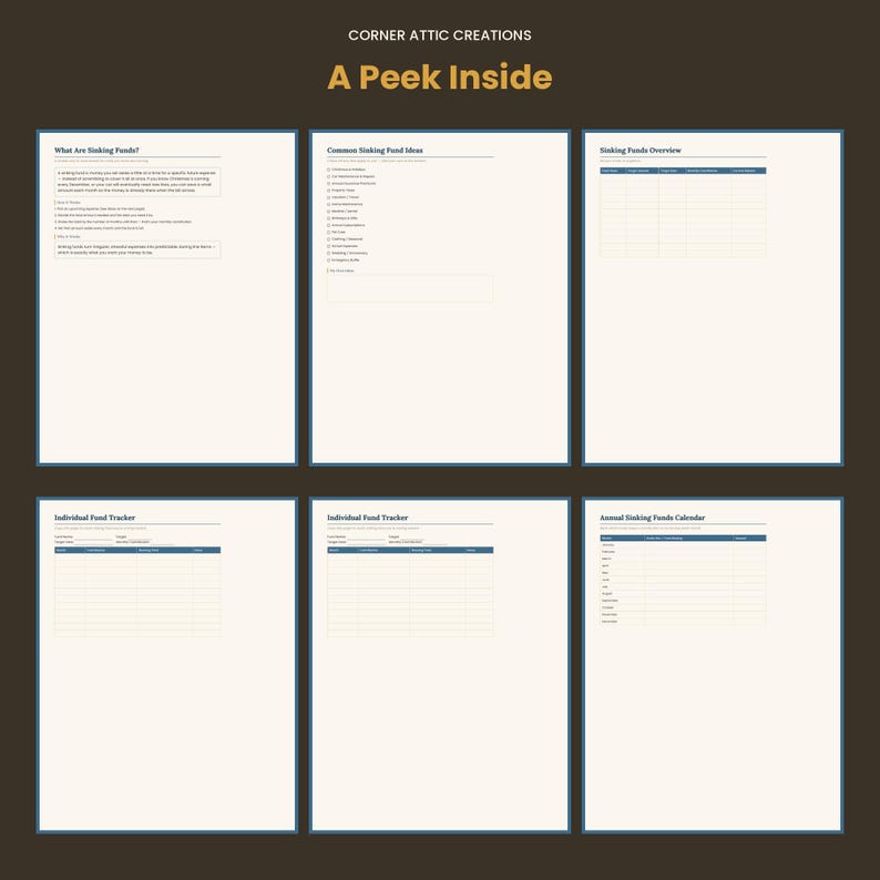 K&ouml;nnte beinhalten: Ein digitales Planer-Set mit dem Titel Corner Attic Creations A Peek Inside, bestehend aus sechs Seiten zur Finanzverfolgung. Die Seiten enthalten What Are Sinking Funds, Common Sinking Fund Ideas, Sinking Funds Overview, Individual Fund Tracker und Annual Sinking Funds Calendar mit Tabellen und Text.