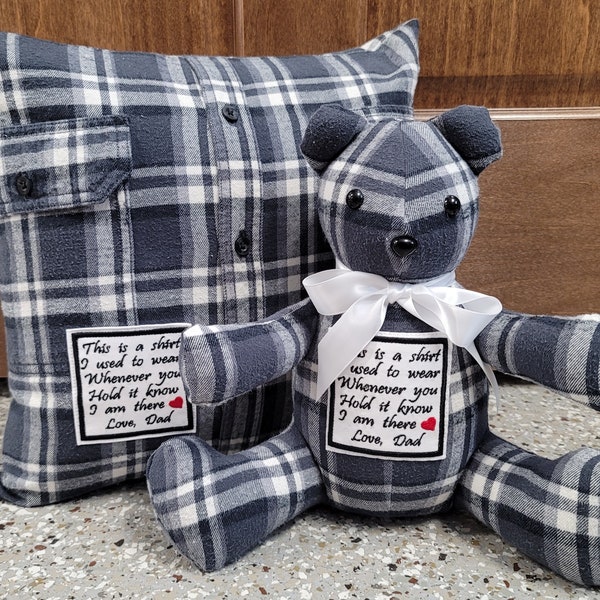 Memory Pillow and a Bear Combo. Memory Bear and Pillow From Loved Ones Shirts, Clothes. Memory Pillow From Shirt. Memory Bear From Clothing.