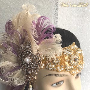 Tiara Art Déco com Penas de Pavão Exóticas em Tons de Lavanda e Marfim, Índigo imagem 4