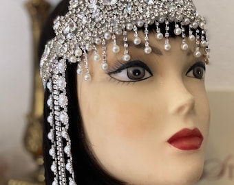 Tocado de cadena de plata y perlas de lujo, tocado Art Déco de Gatsby, tocado de boda, diadema Flapper de la década de 1920, Snowdrop, hecho a pedido