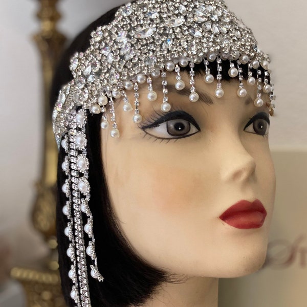 Luxury Silver and Pearl chain headpiece, Gatsby Art Deco headpiece, Wedding headpiece, 1920s Flapper headband , Snowdrop, Made to order