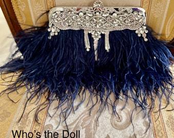 Art Deco Navy Blue and Silver ostrich feather handbag, Gatsby Blue clutch, Wedding crystal handbag, evening luxury bag