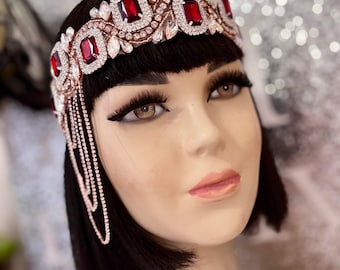 Art Deco Ruby Red crystal headpiece, Gatsby Rose Gold chain headband, Wedding headpiece, 1920s Flapper headband,  Valentina