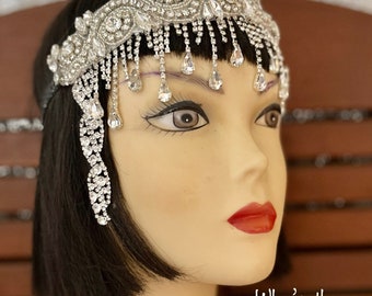 Art Deco Silver Crystal luxury headpiece, Gatsby chain headband, Tassel chain Wedding headpiece, 1920s Flapper, Genevieve, Made to order