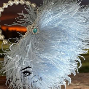 Light Blue luxurious Ostrich feather handbag,  Art Deco style bag , Gatsby Crystal Pearl clutch, Flapper bag, made to order