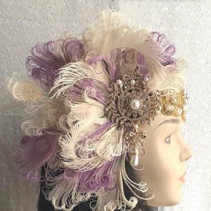 Tiara Art Déco com Penas de Pavão Exóticas em Tons de Lavanda e Marfim, Índigo imagem 2