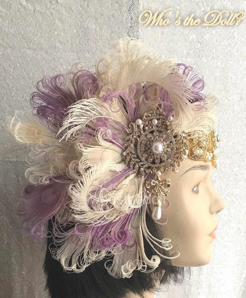 Tiara Art Déco com Penas de Pavão Exóticas em Tons de Lavanda e Marfim, Índigo imagem 2