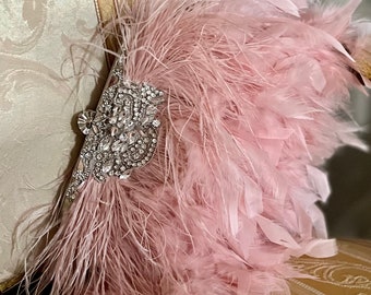 Mauve Pink ostrich and flat feather handbag, Art Deco clutch, Gatsby Pink evening bag, Flapper bag, Wedding purse Mauve