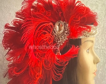 Red Peacock feather headpiece, Gatsby headdress