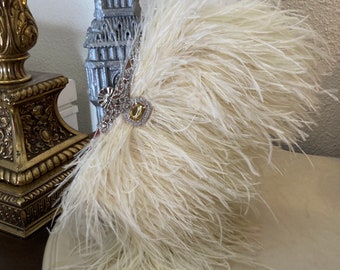 Art Deco Ivory Cream and Champagne Ostrich feather  handbag, Gatsby Ivory handbag, Feather Wedding purse,  luxury evening bag