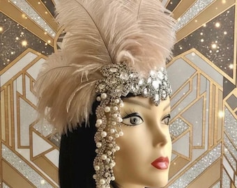 Flapper Headband with Feathers, Rhinestones, and Pearls - 1920s Style Headpiece