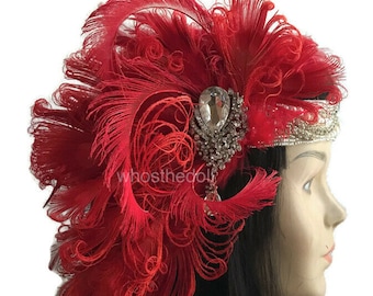 Stunning Gatsby Red Peacock feather headpiece, Pearl headband, Art Deco Wedding headpiece, 1920s Flapper, Red Angel, Mafe to order