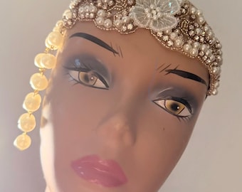 Rose Gold 1920s Gatsby Headpiece,  Pearl and Rhinestone Flapper headband