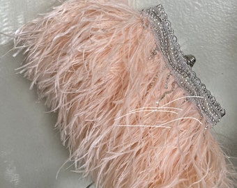 Pink Champagne Real Ostrich feather handbag, Gatsby Art Deco handbag, Crystal and Pearl handbag, 1920s Flapper handbag, Made to order