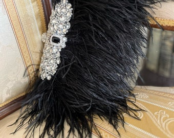 Art Deco style Luxurious Black Ostrich feather handbag, Gatsby feather clutch purse