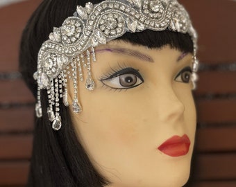 Gorgeous Art Deco Silver Tassel headpiece, Gatsby Chain headband, Crystal Wedding headpiece. 1920s Flapper headband, Eva, Made to Order