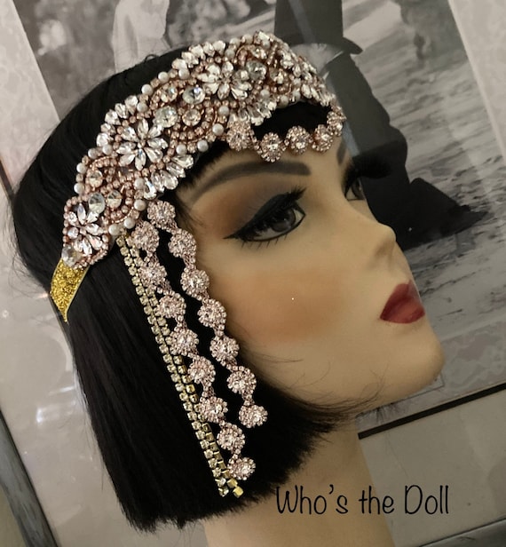 Rose Gold Crystal Deco Headband Blush Feather Headband: Rose Gold Rhinestone Art Deco 1920s  main image 3