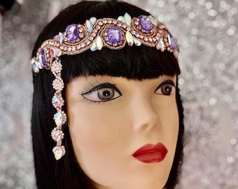 Gatsby Rose Gold and Lavender iridescent Crystal headpiece, Luxury Art Deco Wedding headpiece, Lorena, 1920s Flapper headband, Made to order