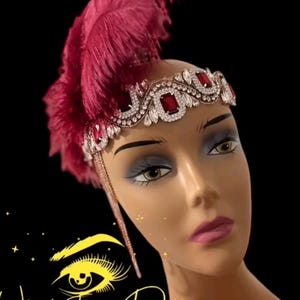 1920s Art Deco luxury Ruby Red Ostrich Feather Headpiece: Rose Gold Crystal Gatsby Headband