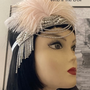 Gatsby Blush  Ostrich feather headpiece, Silver chain headpiece, Pearl and Crystal Wedding headpiece, 1920s Flapper, Lola, Made to order