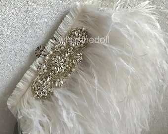 Art Deco White Ostrich Feather clutch handbag, Gatsby Crystal handbag, Feather Wedding purse, flapper handbag, Made to order