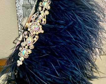 Art Deco iridescent Crystal and Navy Blue Ostrich feather handbag, Gatsby Blue handbag, Feather Wedding clutch, luxury evening bag