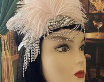 Blush Pink Ostrich Feather Headpiece: 1920s Flapper Pearl headband, Hush
